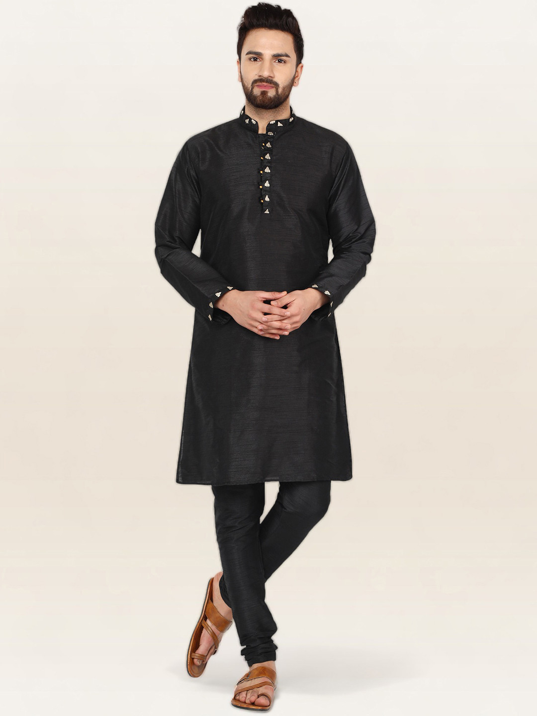 

Enciger Men Black Ethnic Motifs Embroidered Thread Work Dupion Silk Kurta with Churidar