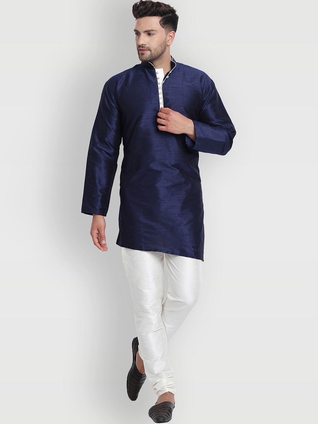 

Enciger Men Navy Blue Dupion Silk Kurta with Churidar