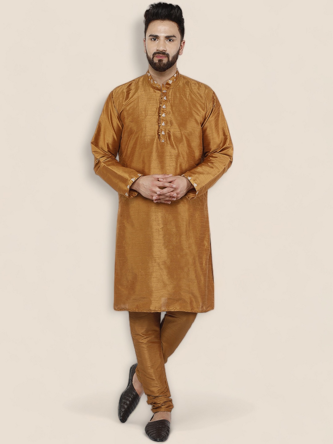 

Enciger Men Brown Thread Work Dupion Silk Kurta with Churidar