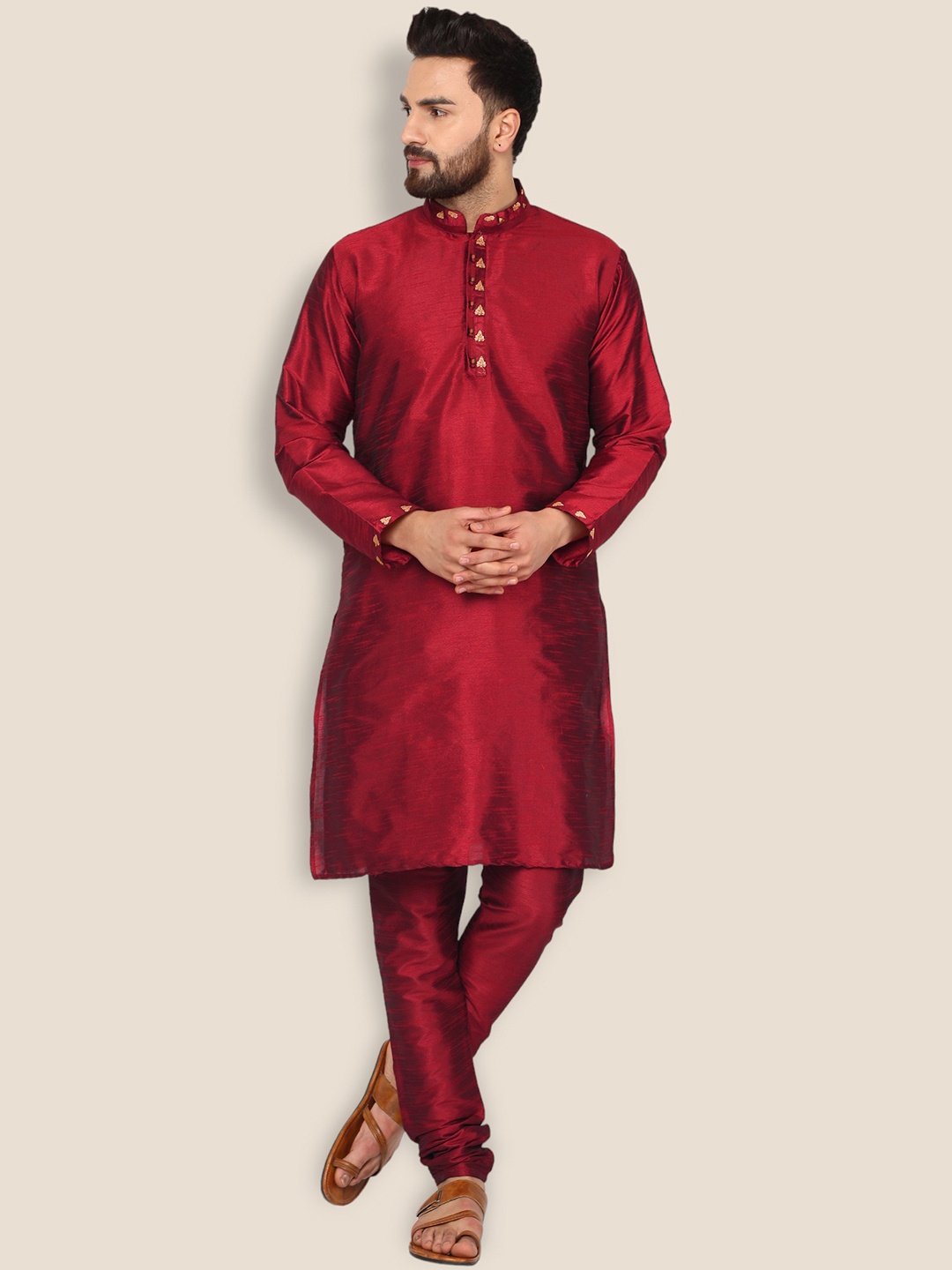 

Enciger Men Red Thread Work Dupion Silk Kurta with Churidar