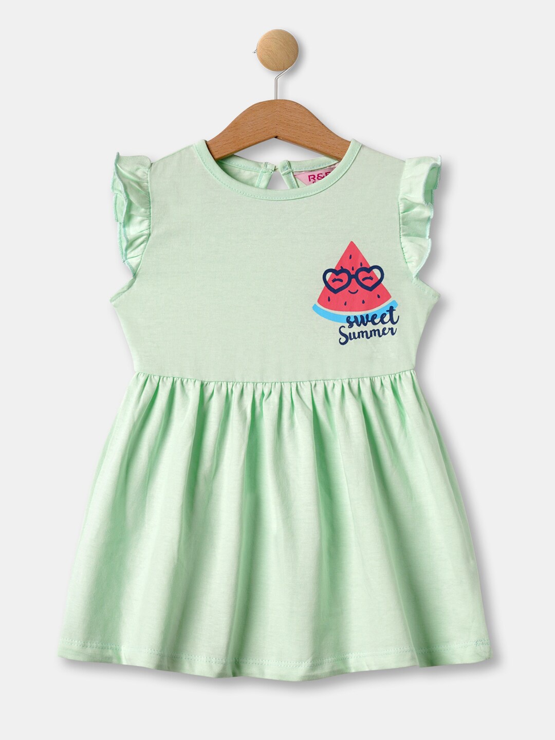 

R&B Girls Green Cotton Printed Fit and Flared Dress