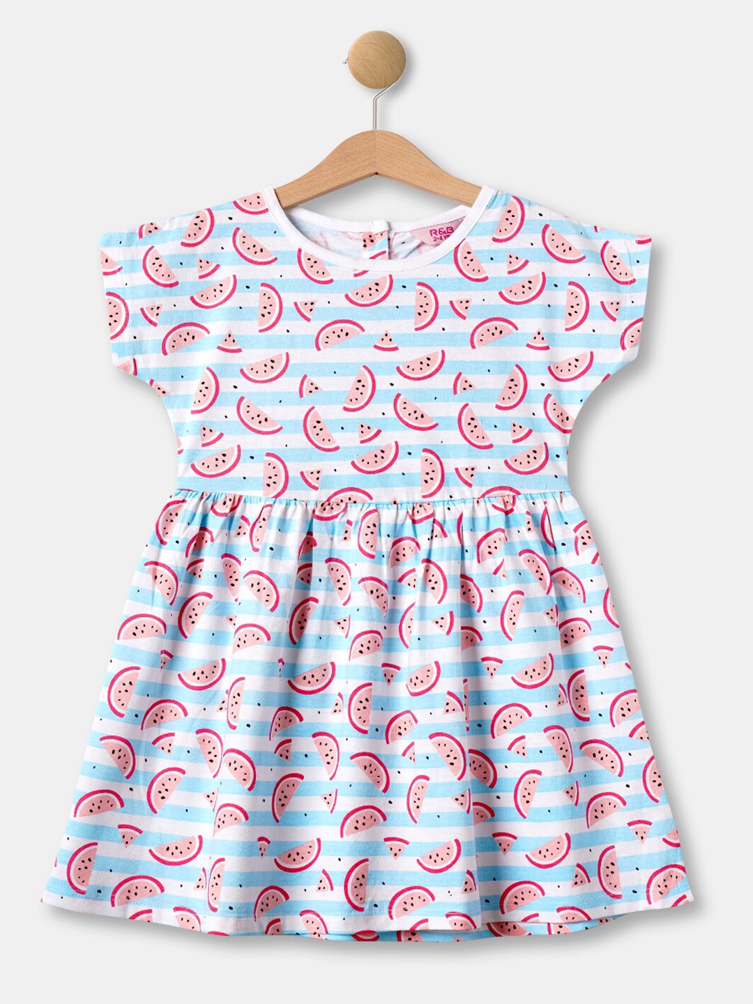

R&B Girls White and Pink Striped Cotton Fit and Flare Midi Dress