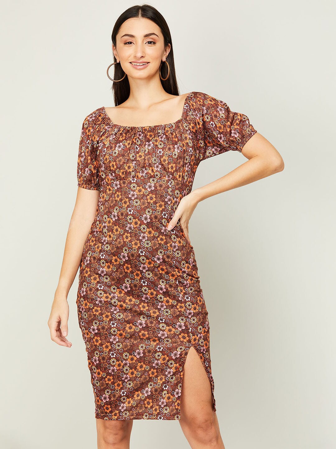 

Ginger by Lifestyle Brown Floral Printed Bodycon Dress