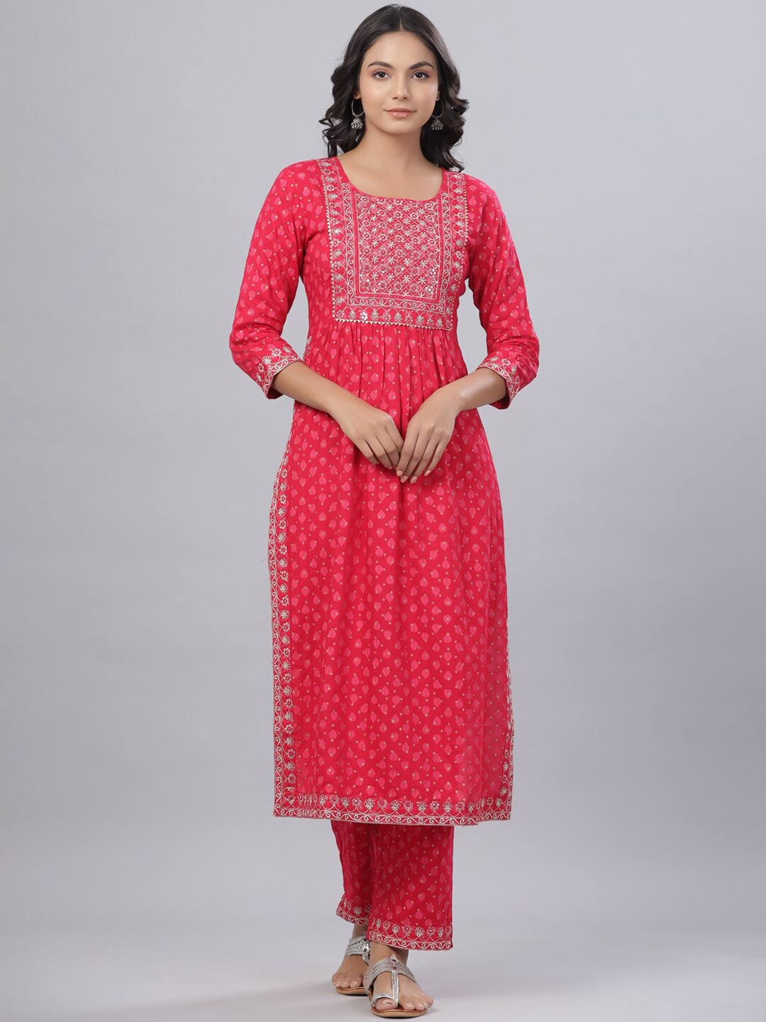 

Juniper Women Fuchsia Floral Embroidered Kurta with Trousers & With Dupatta