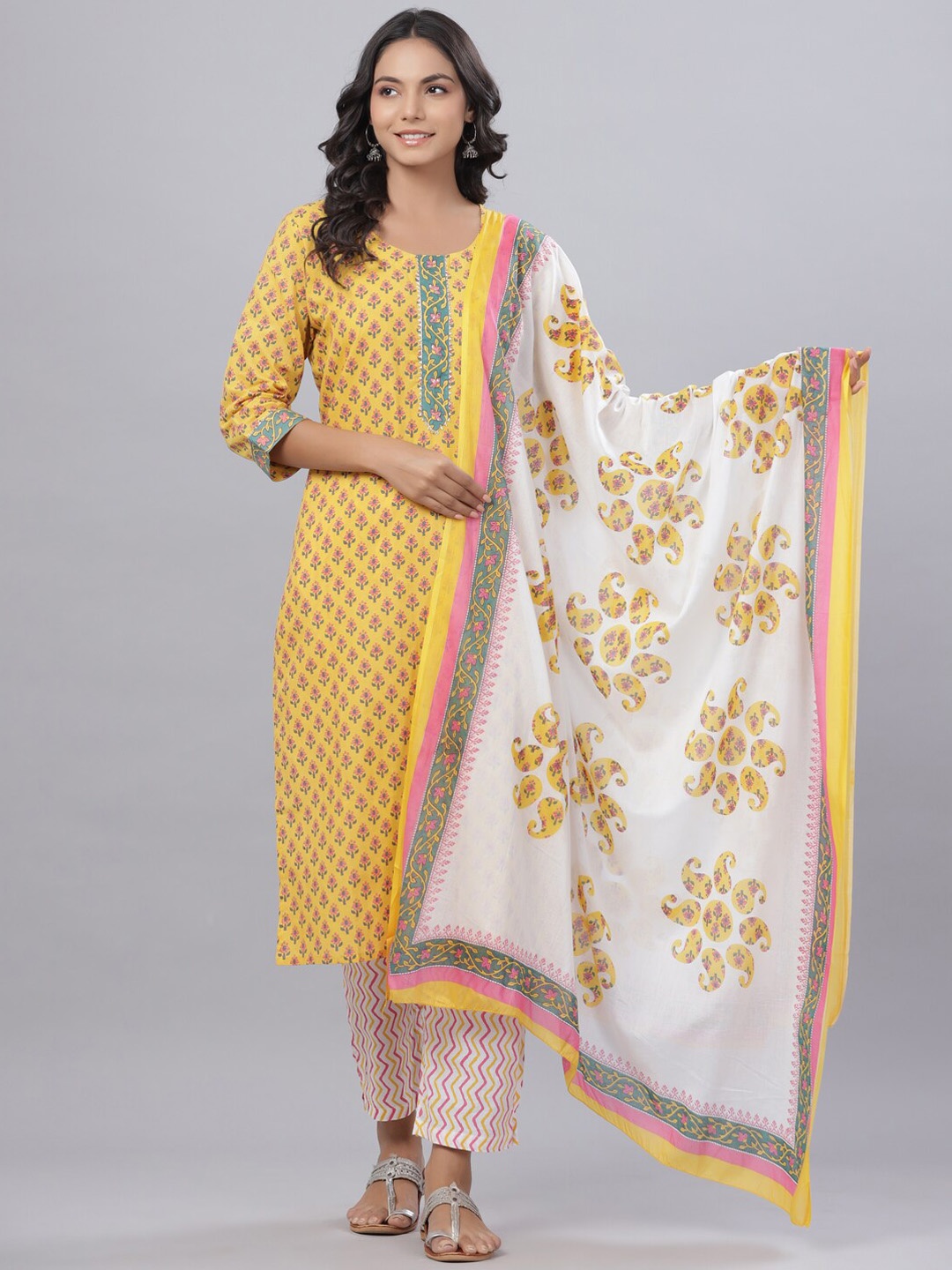 

Juniper Women Yellow Floral Printed Pure Cotton Kurta with Trousers & With Dupatta
