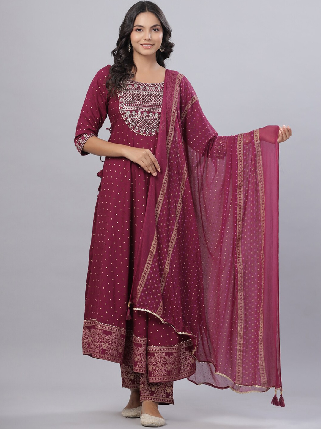 

Juniper Women Mauve Floral Embroidered Kurta with Trousers & With Dupatta