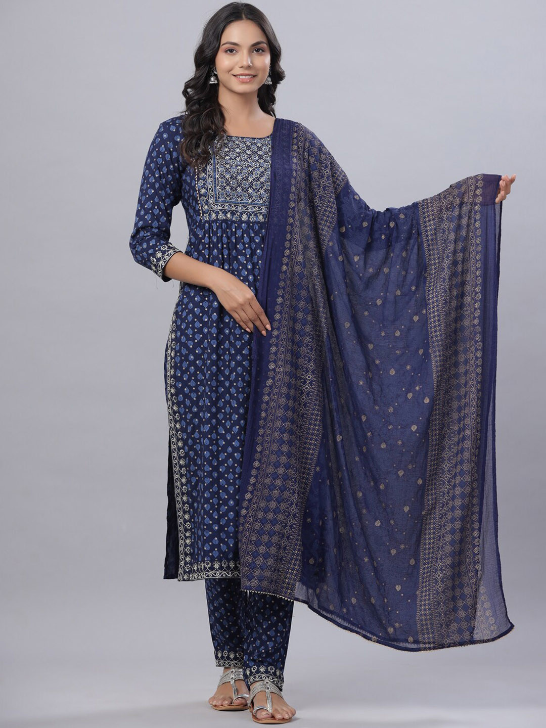

Juniper Women Navy Blue Floral Embroidered Kurta with Trousers & With Dupatta