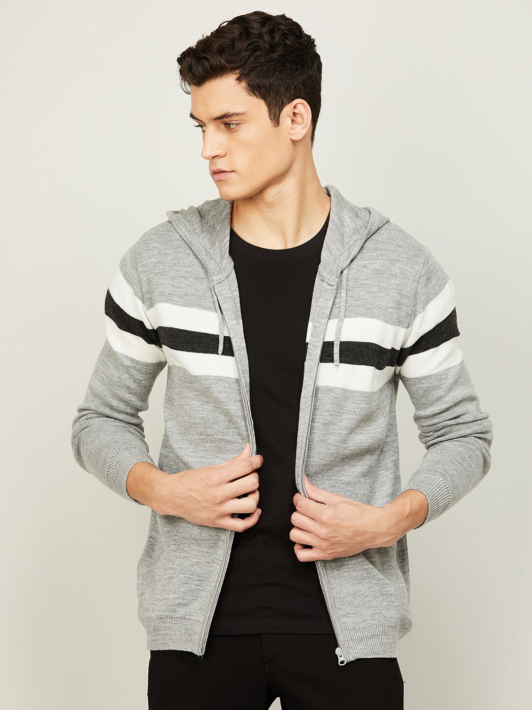 

CODE by Lifestyle Men Grey And White Striped Long Sleeves Hooded Zipped Cardigan Sweater