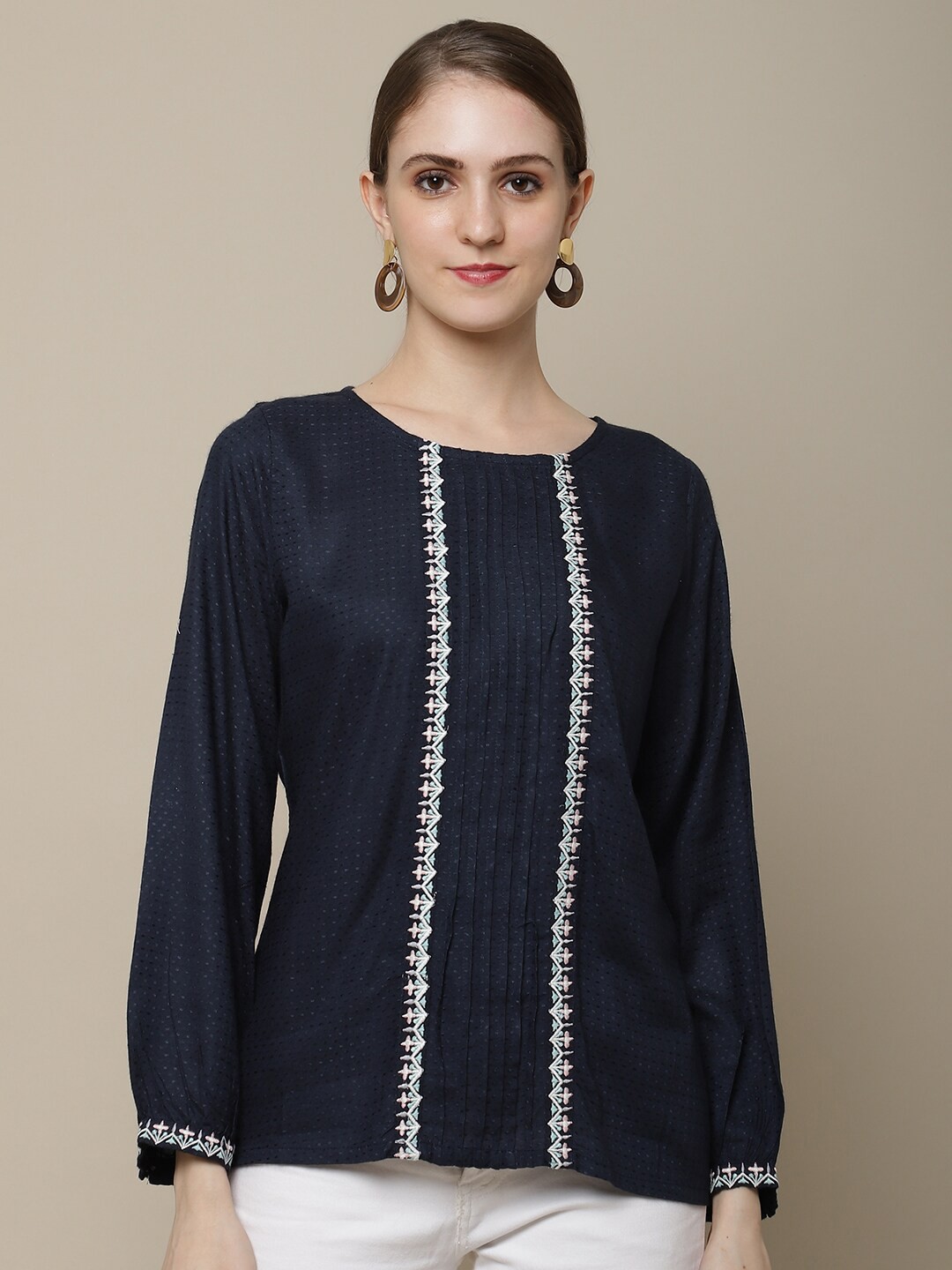 

Cantabil Navy Blue & White Printed Blouson Top