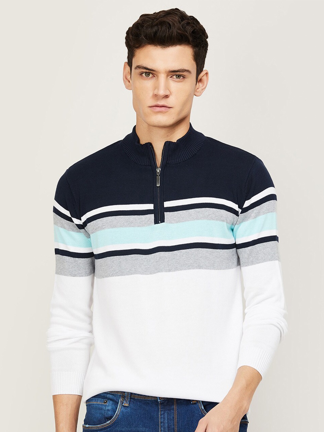 

Fame Forever by Lifestyle Men White Striped Cotton Pullover Sweatshirt