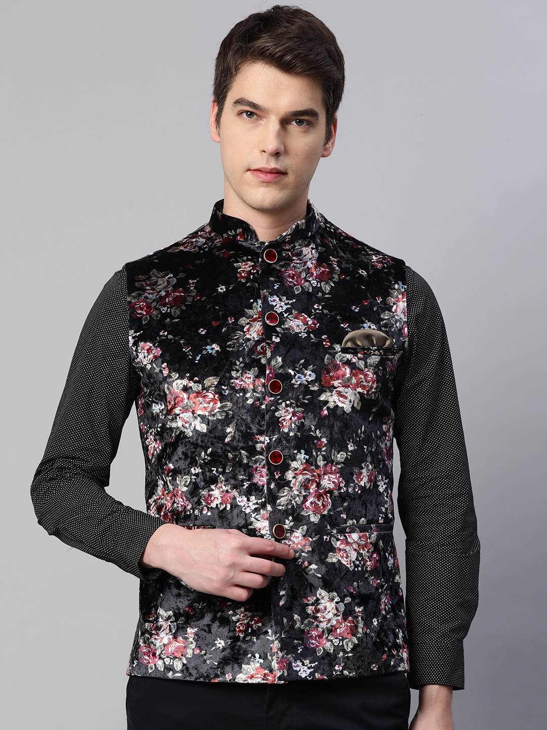 

ESSAS club Men Black Floral Printed Velvet Mandarin Collar Nehru Jacket