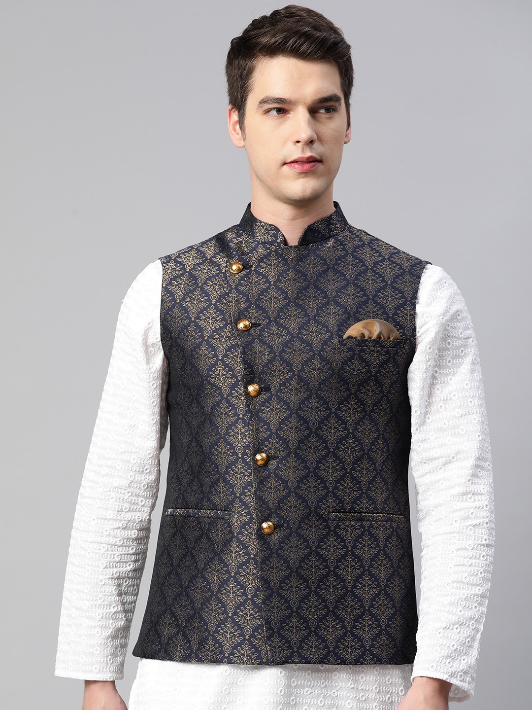 

ESSAS club Men Navy Blue & Golden Woven Design Nehru Jacket