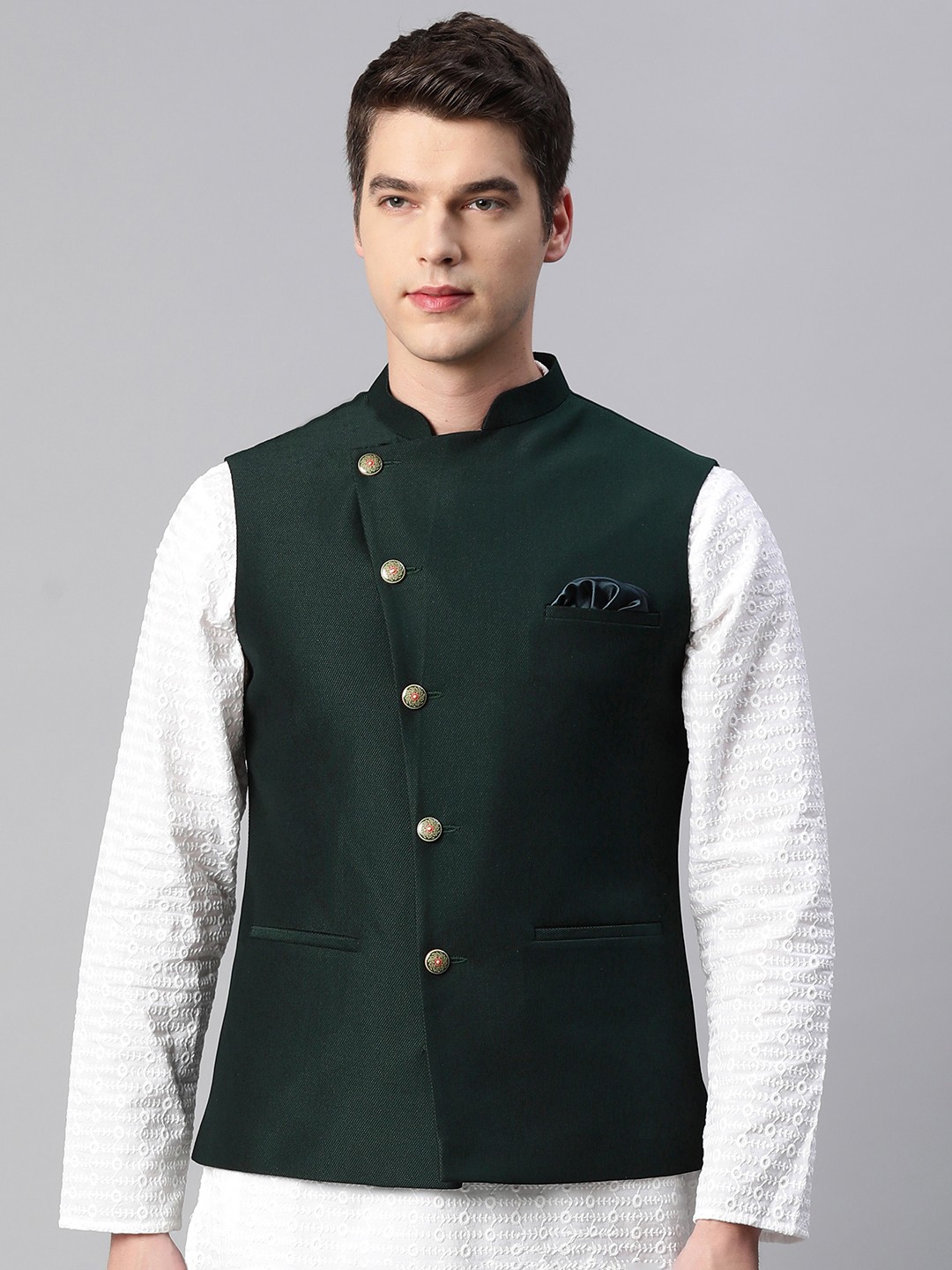 

ESSAS club Men Green Woven Design Nehru Jacket