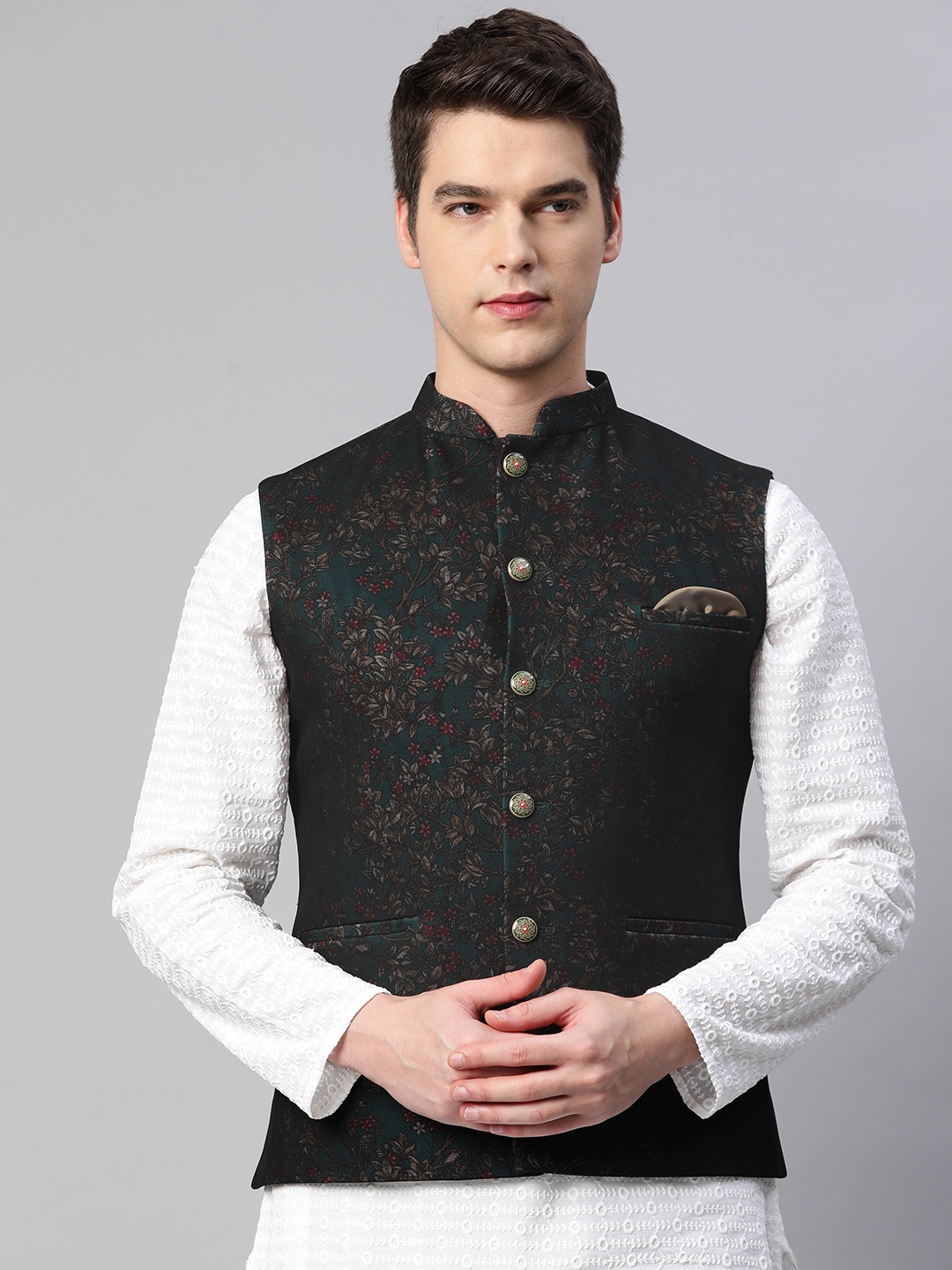 

ESSAS club Men Green & Golden Floral Print Nehru Jacket