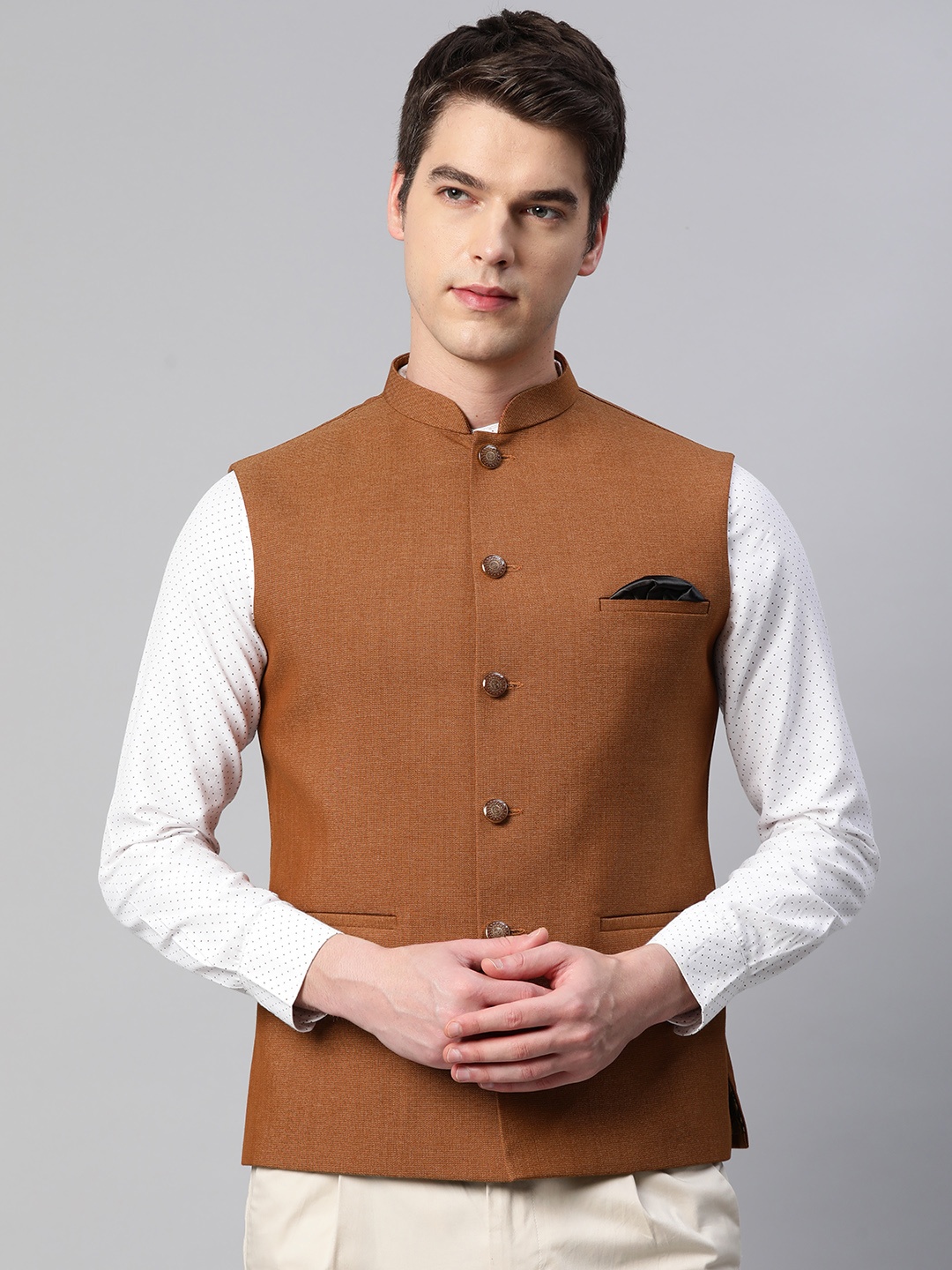 

ESSAS club Men Tan Brown Solid Mandarin Collar Nehru Jacket