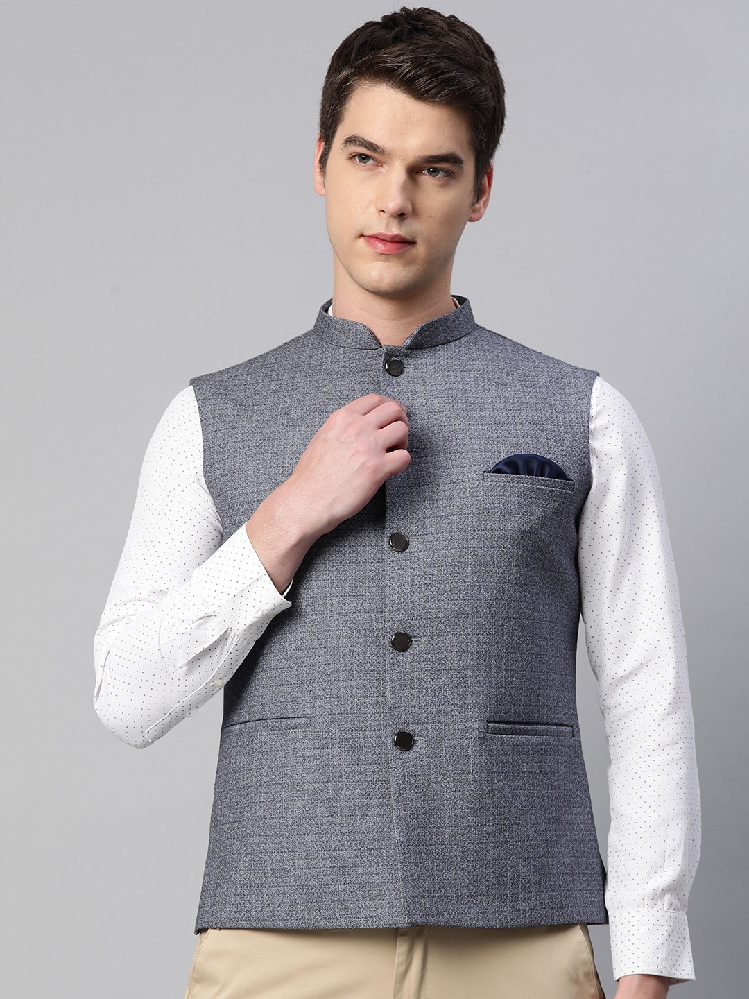 

ESSAS club Men Grey Melange Self Design Nehru Jacket
