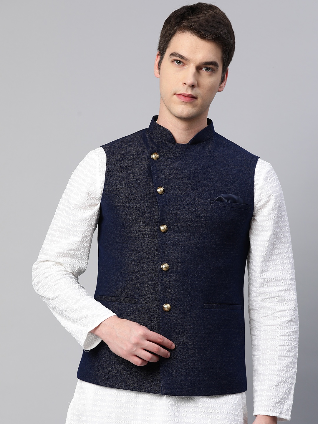 

ESSAS club Men Navy Blue & Golden Woven Design Nehru Jacket