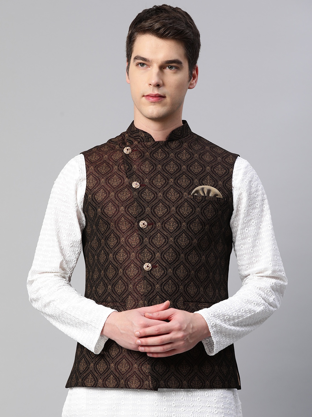 

ESSAS club Men Maroon & Golden Woven Design Nehru Jacket