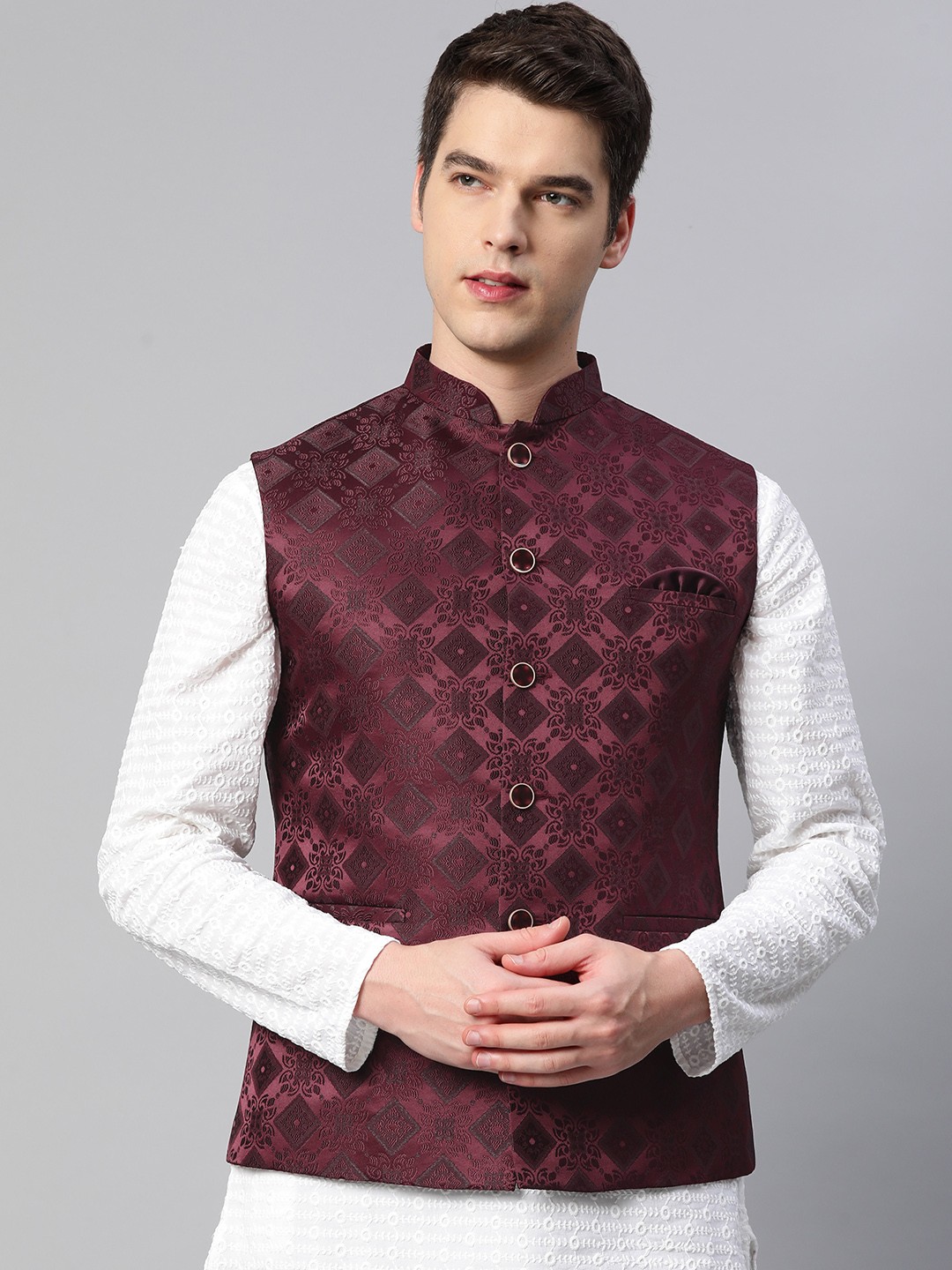 

ESSAS club Men Maroon Geometric Woven Design Mandarin Collar Nehru Jacket