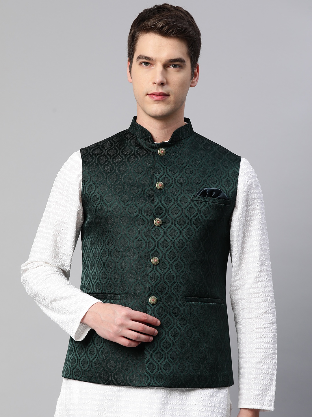 

ESSAS club Men Green Ethnic Motif Woven Design Mandarin Collar Nehru Jacket