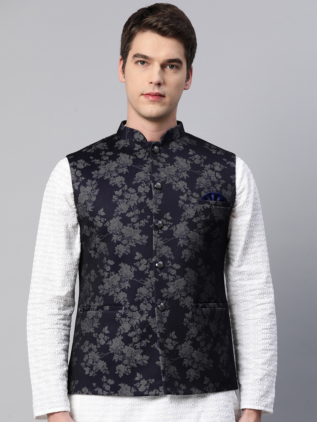 

ESSAS club Men Navy Blue & Grey Floral Woven Design Mandarin Collar Nehru Jacket