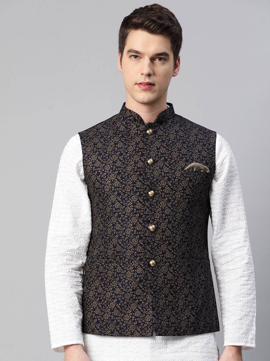 

ESSAS club Men Navy Blue & Golden Woven Design Nehru Jacket