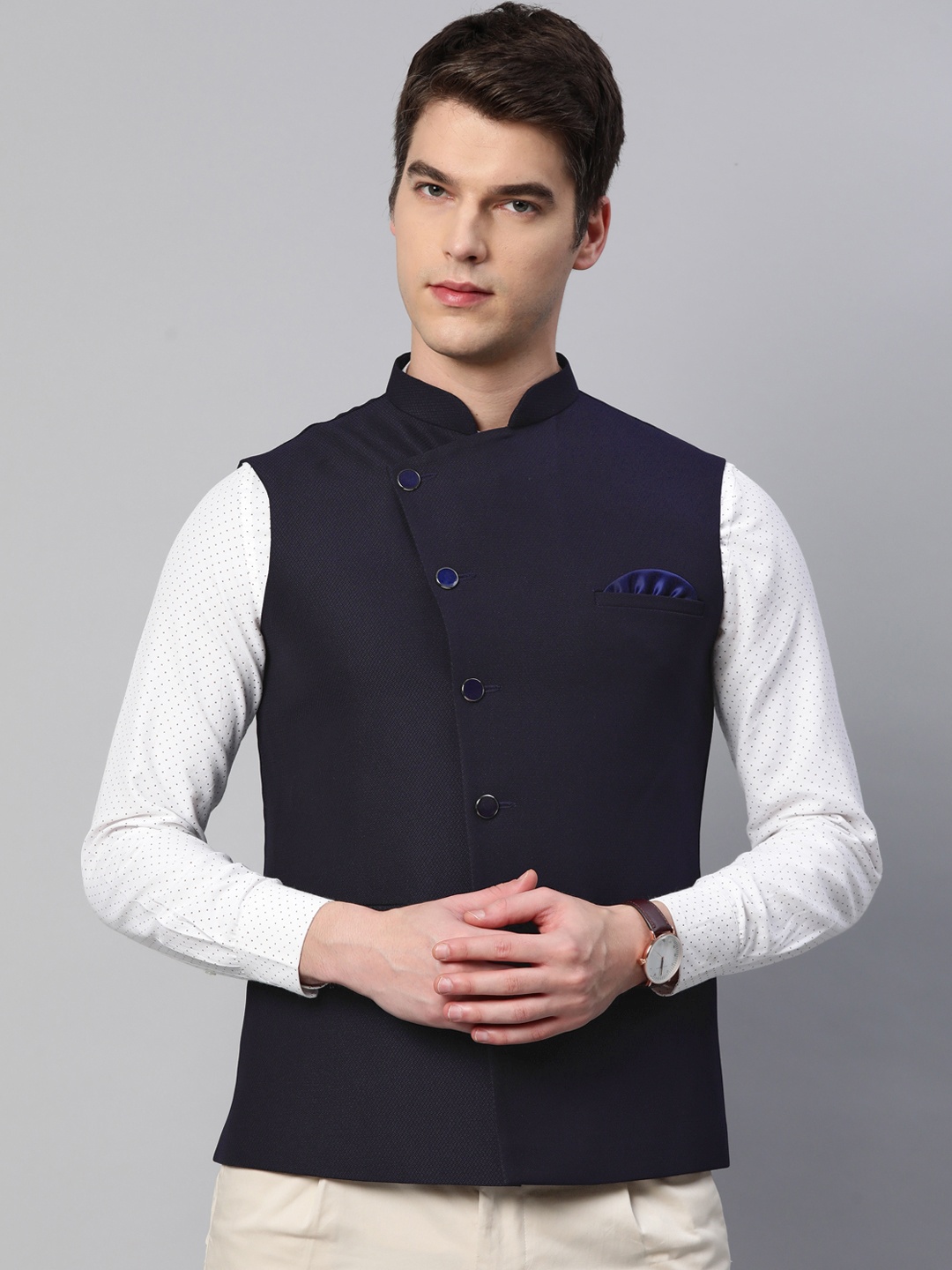 

ESSAS club Men Navy Blue Solid Mandarin Collar Nehru Jacket