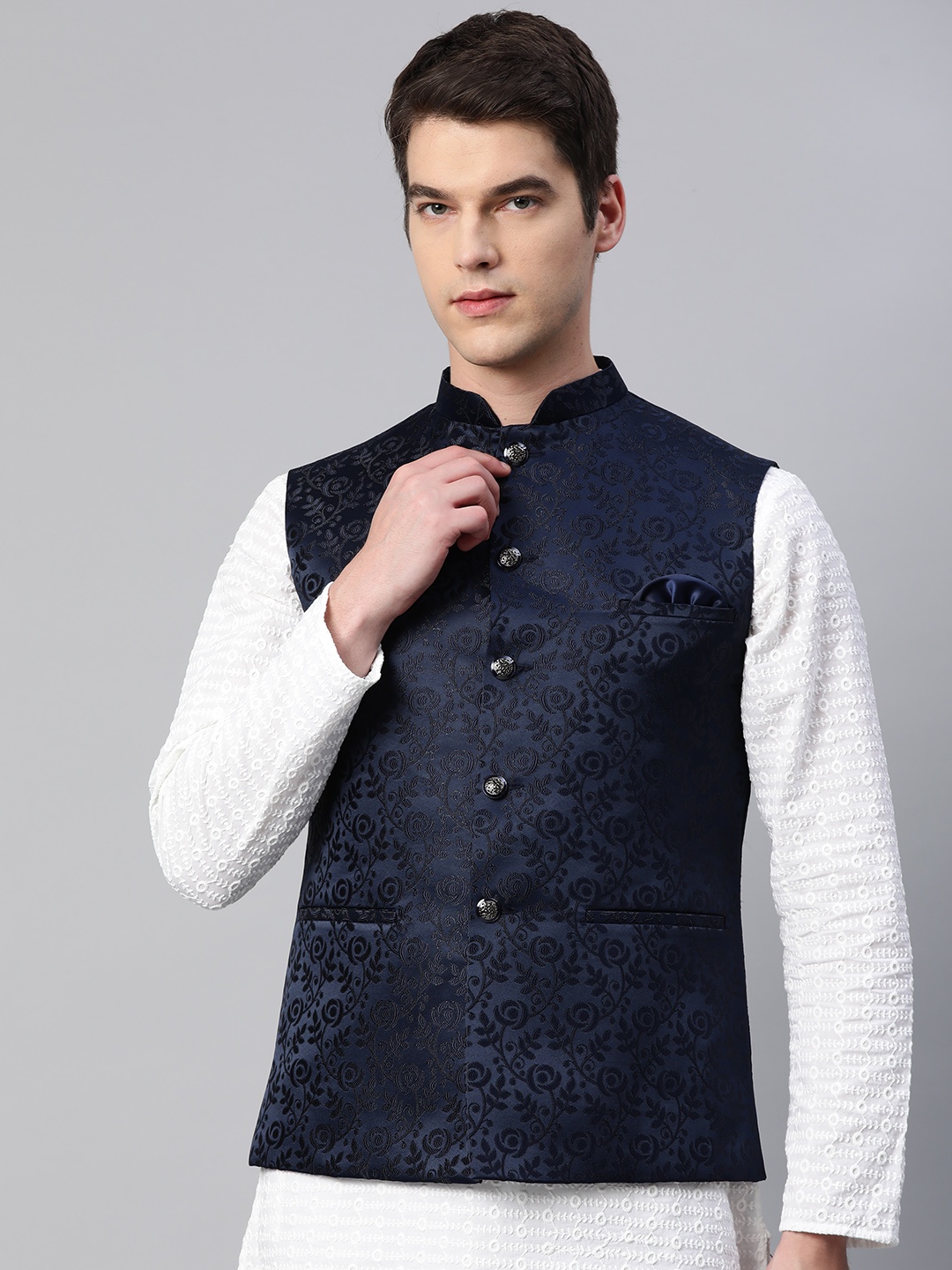 

ESSAS club Men Navy Blue Woven Design Nehru Jacket