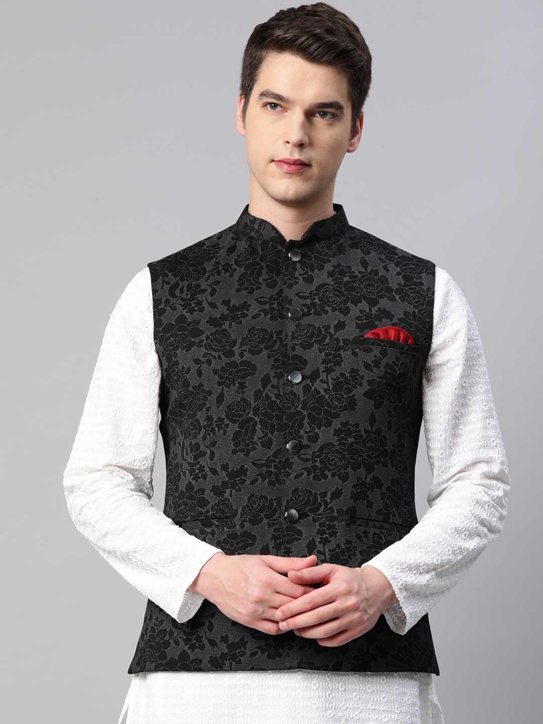 

ESSAS club Men Black Floral Woven Design Mandarin Collar Nehru Jacket