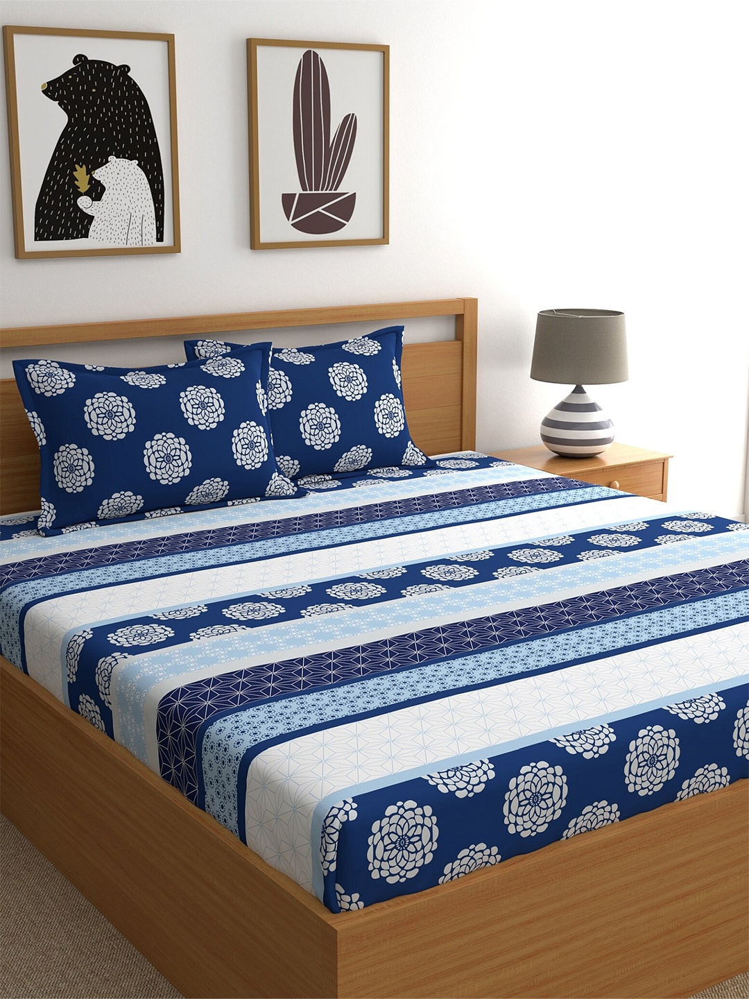 

Home Ecstasy 140 TC 110 GSM Ethnic Print Fitted Cotton King Bedsheet With 2 Pillow Covers, Blue