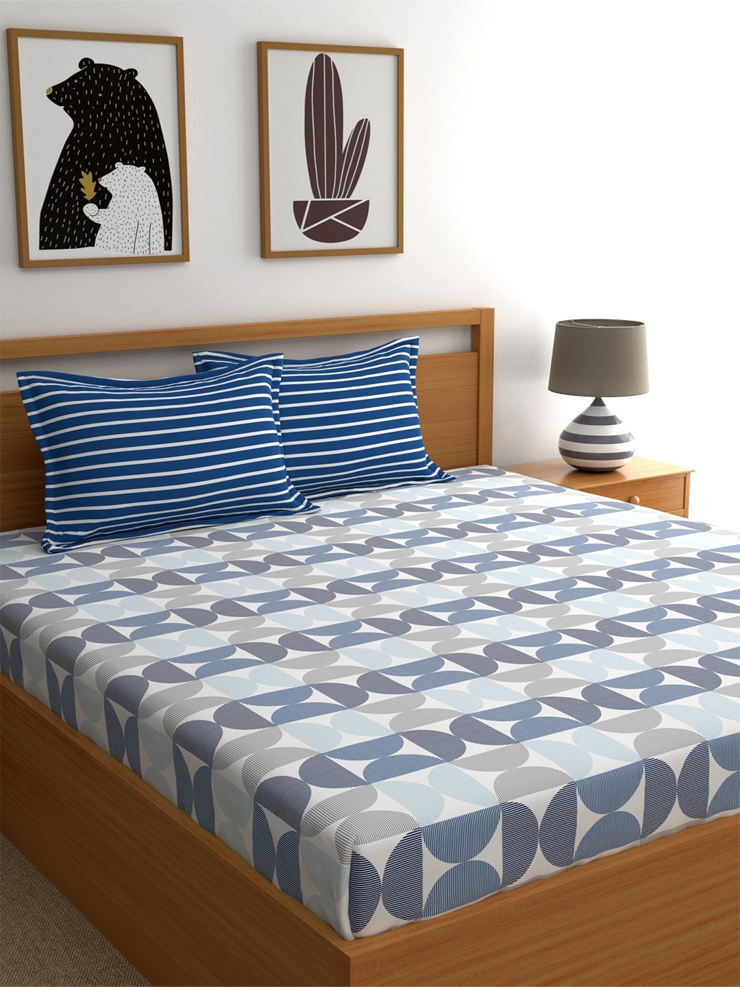 

Home Ecstasy 140 TC 110 GSM Printed Fitted Cotton King Bedsheet With 2 Pillow Covers, Blue