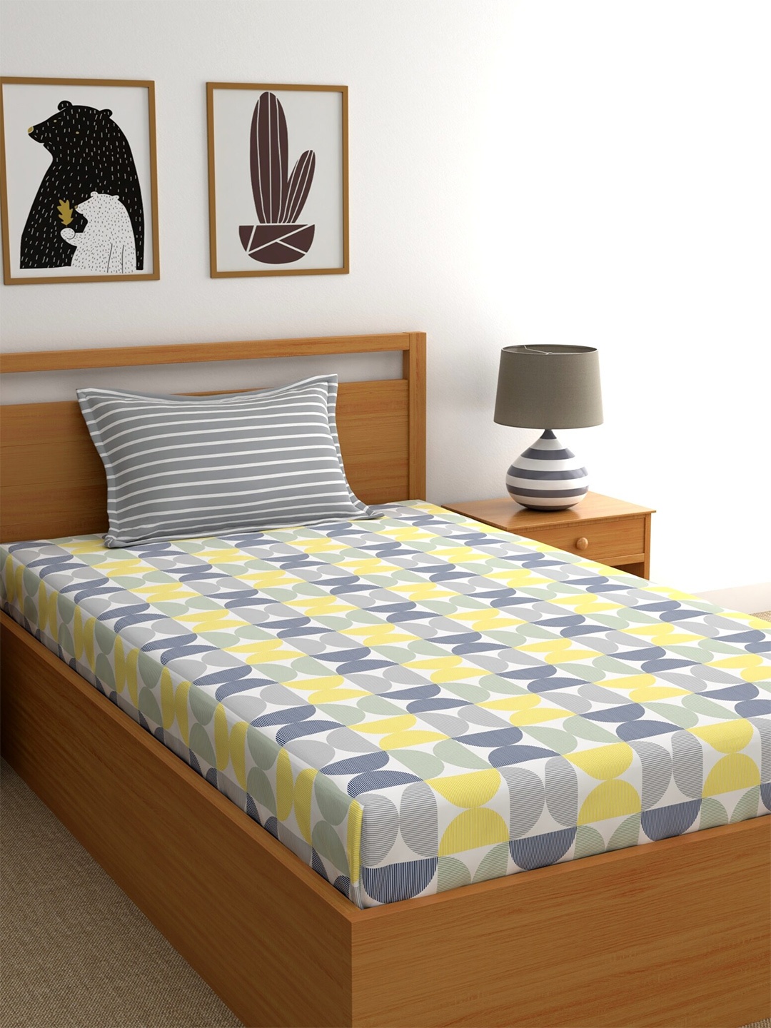 

Home Ecstasy 140 TC 110 GSM Print Flat Cotton Single Bedsheet With Pillow Cover, Yellow