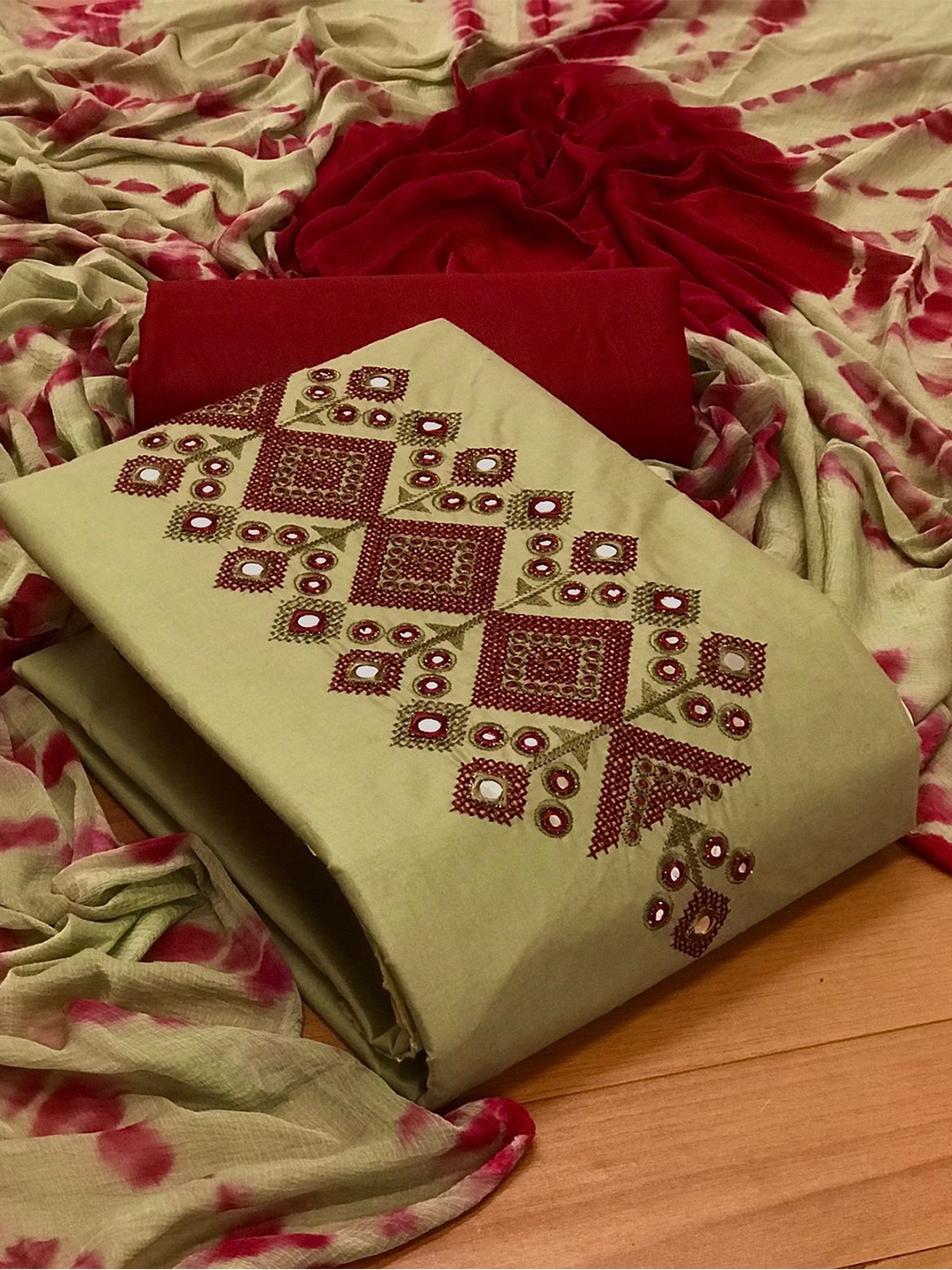 

MORLY Beige & Maroon Embroidered Unstitched Dress Material