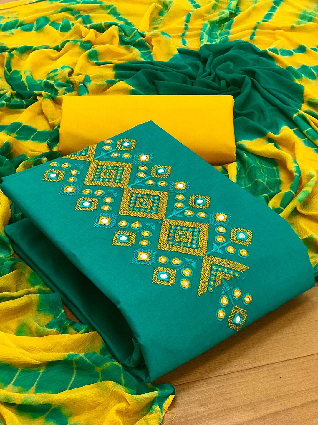 

MORLY Green & Yellow Embroidered Unstitched Dress Material