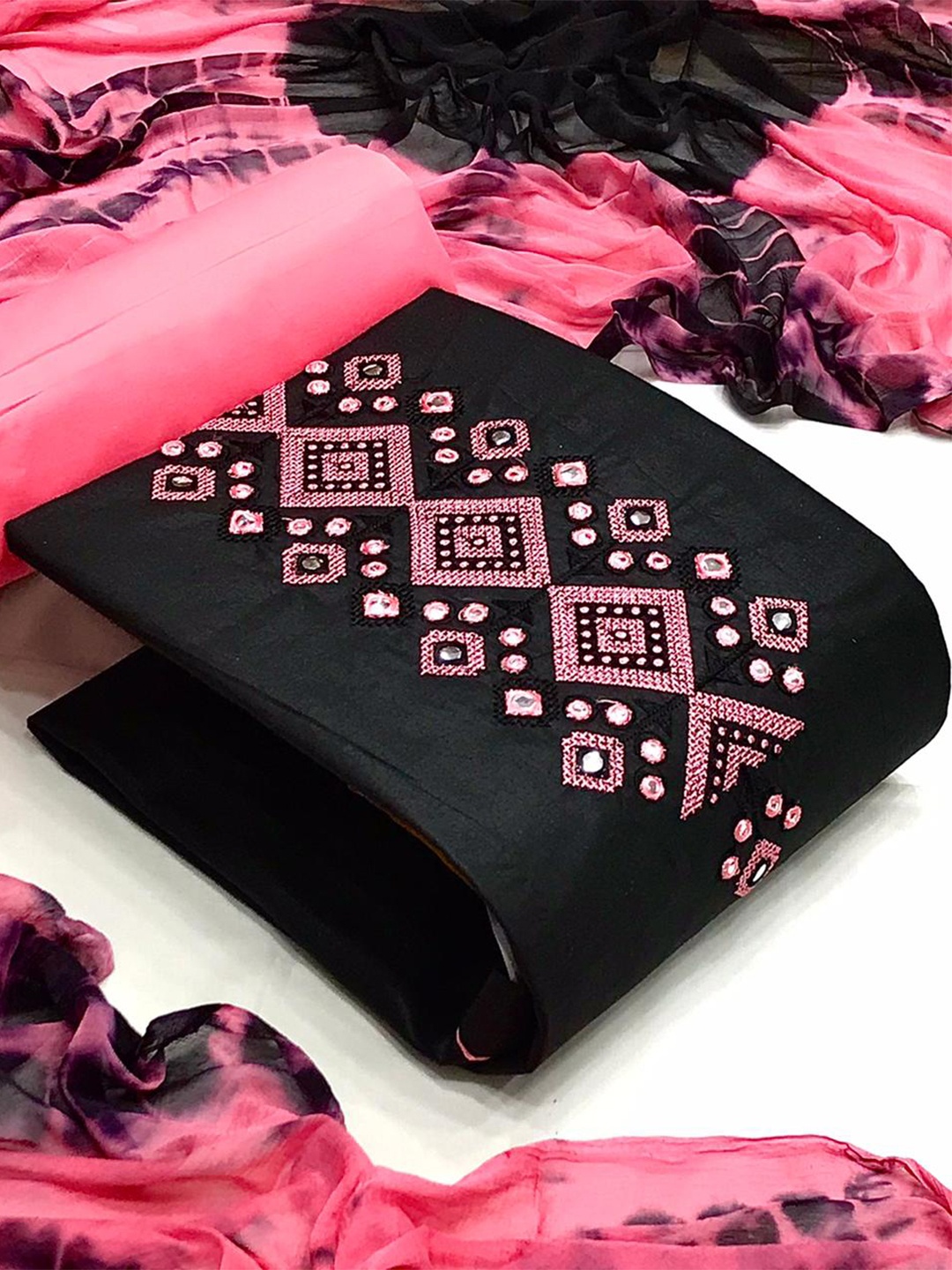 

MORLY Black & Pink Embroidered Unstitched Dress Material