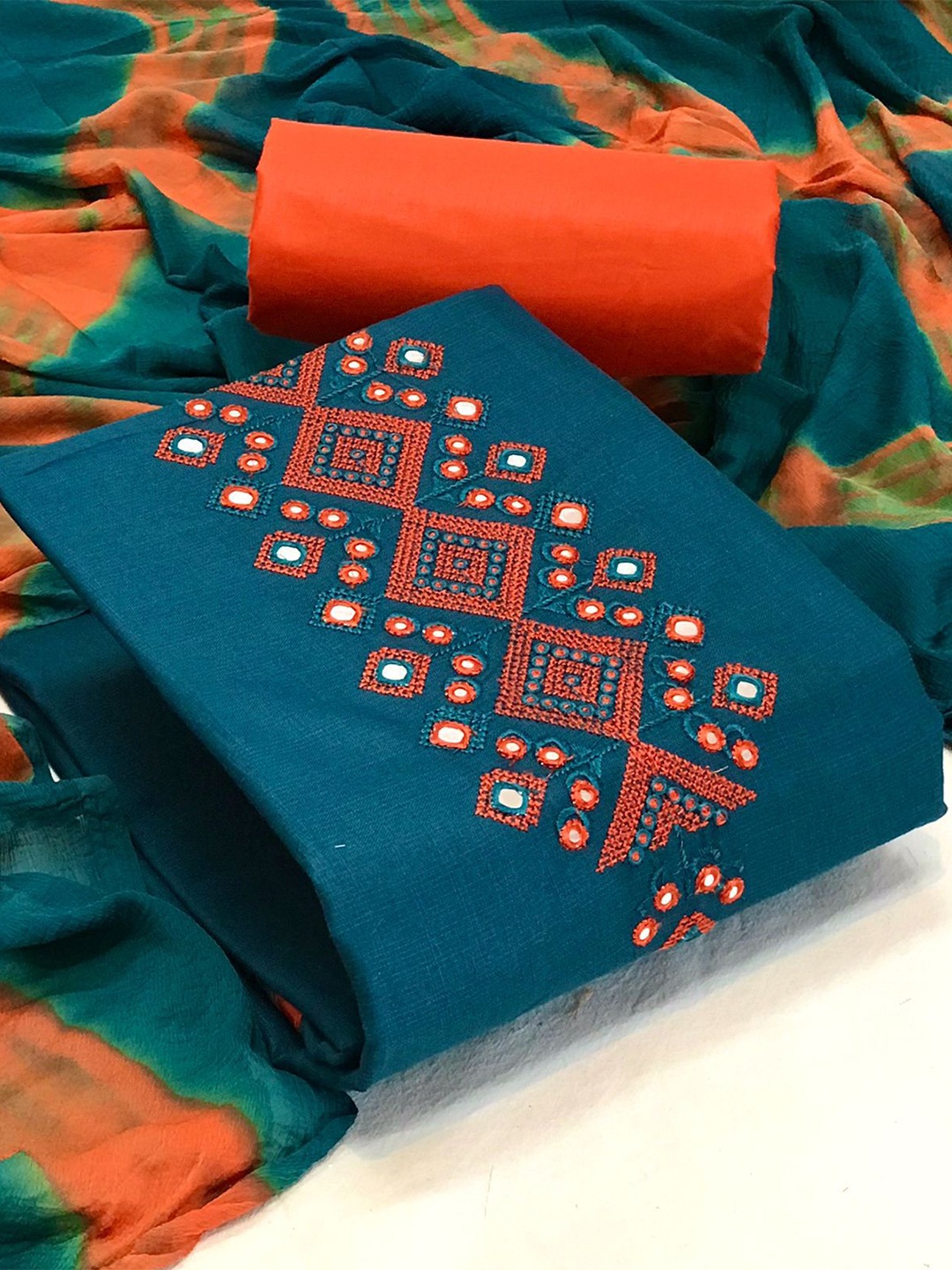 

MORLY Blue & Orange Embroidered Unstitched Dress Material