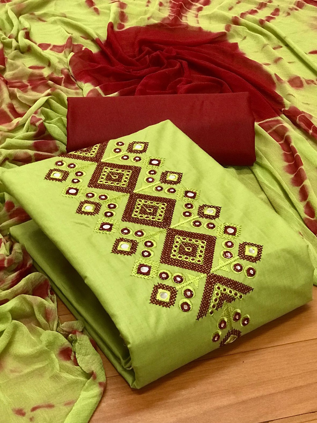 

MORLY Sea Green & Maroon Embroidered Unstitched Dress Material