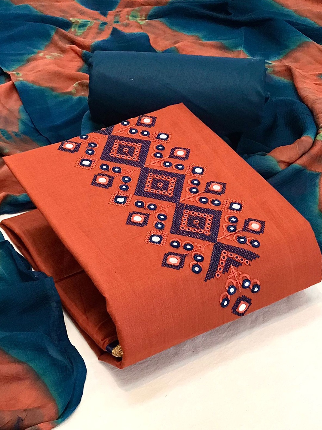 

MORLY Orange & Blue Embroidered Unstitched Dress Material