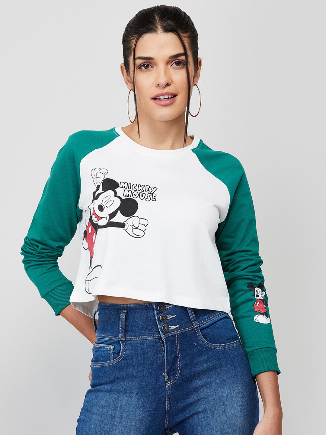 

Ginger by Lifestyle Women Mickey Mouse Print Raglan Sleeves Cotton Crop Sweatshirt, White