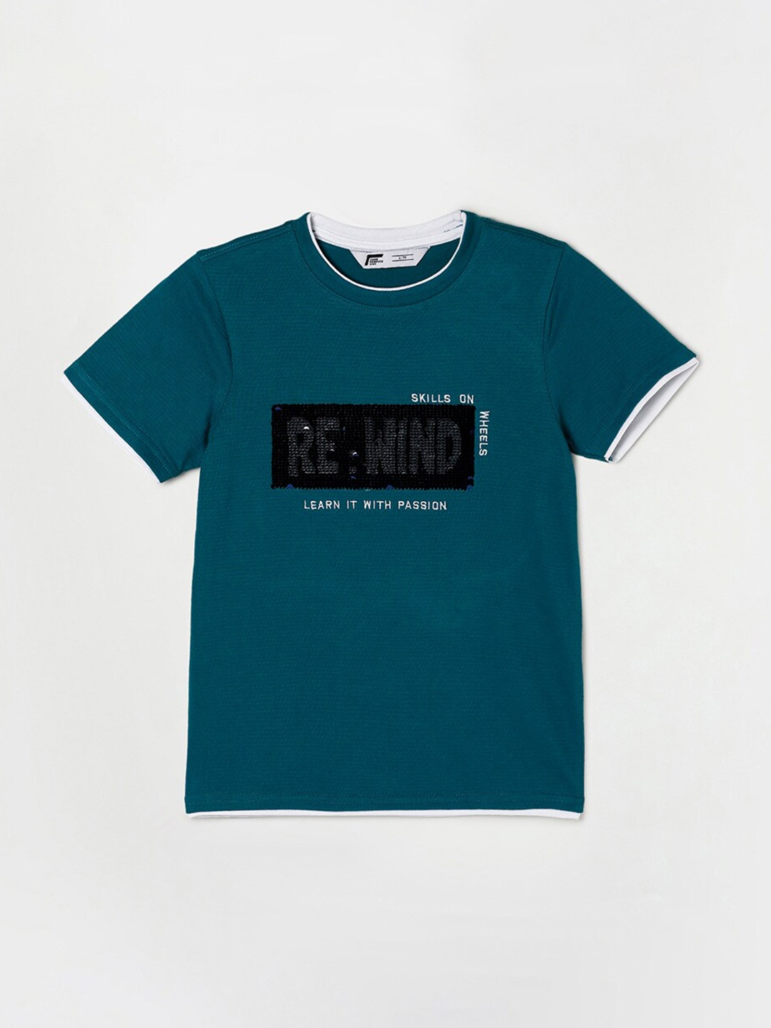 

Fame Forever by Lifestyle Boys Teal & Black Typography Printed Pure Cotton T-shirt