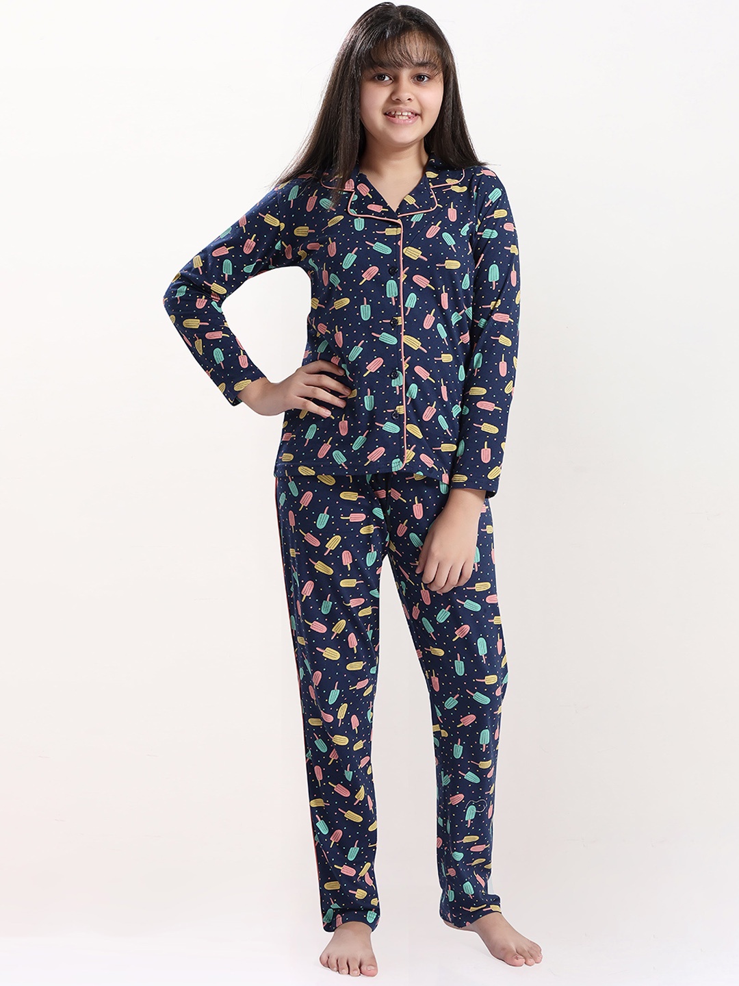 

9shines Label Kids Girls Navy Blue And Yellow Printed Pure Cotton Night suit