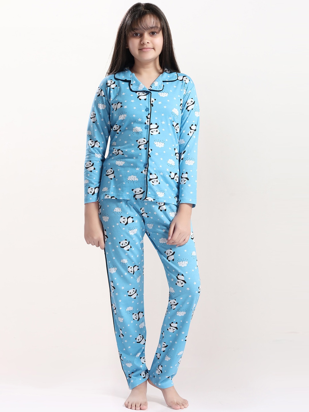 

9shines Label Girls Blue & Black Printed Night suit