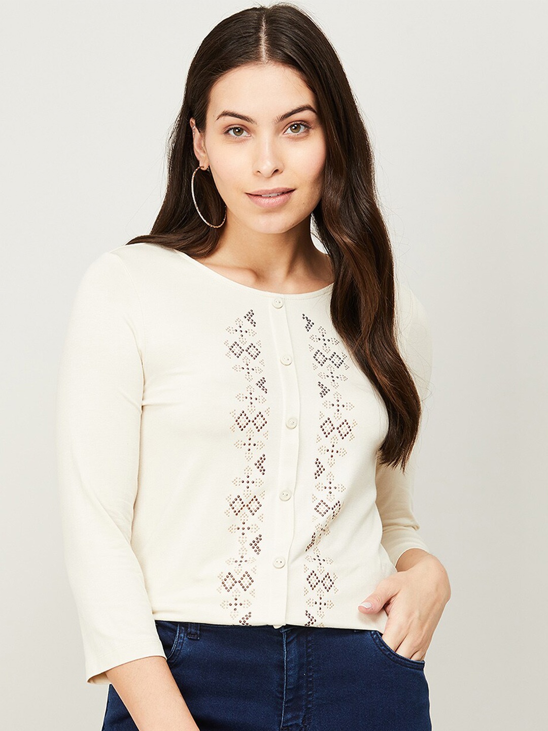 

Fame Forever by Lifestyle Women Beige Geometric Embellished Top