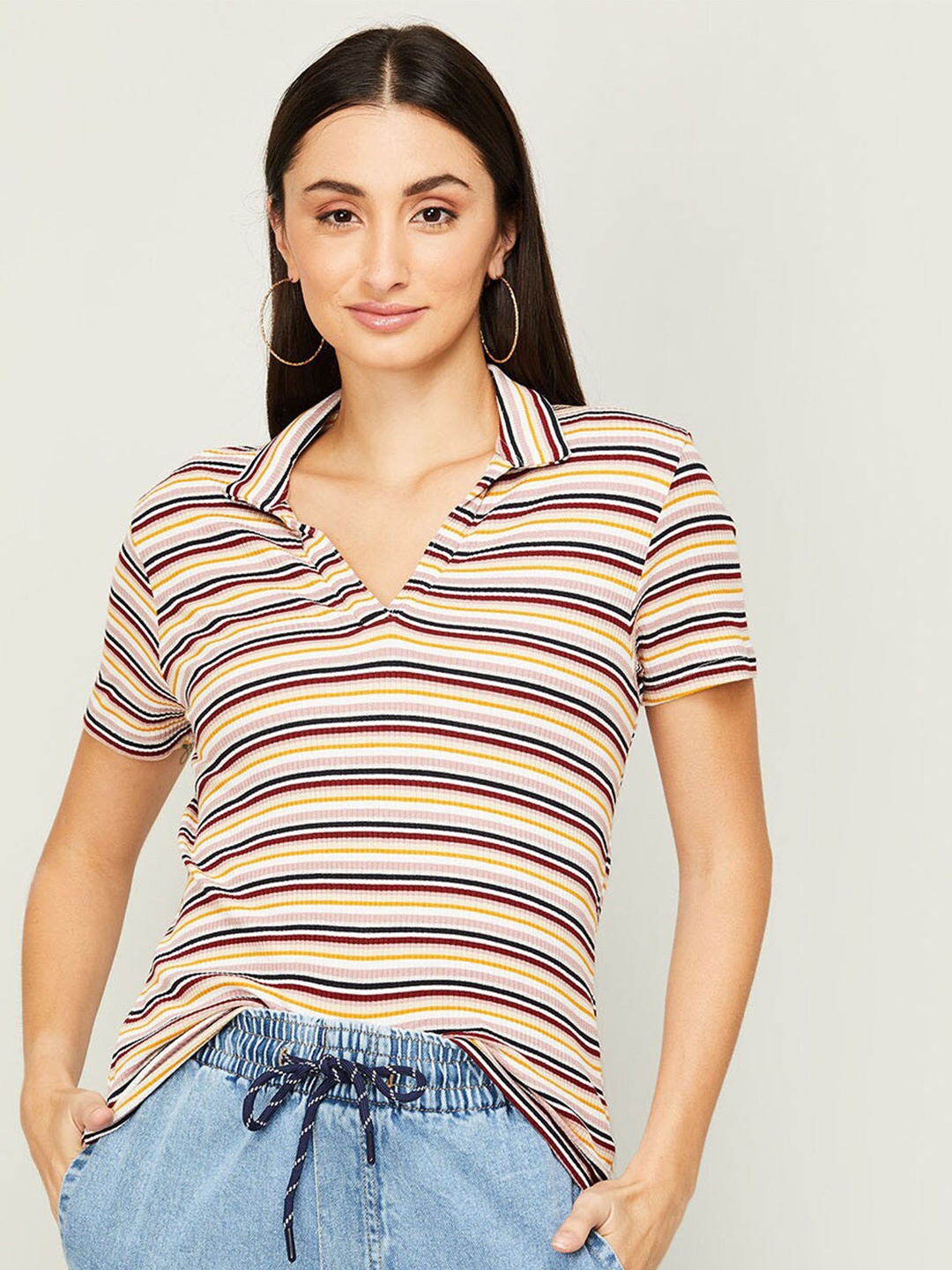 

Fame Forever by Lifestyle WOMEN Yellow & Maroon Striped Pure cotton Top