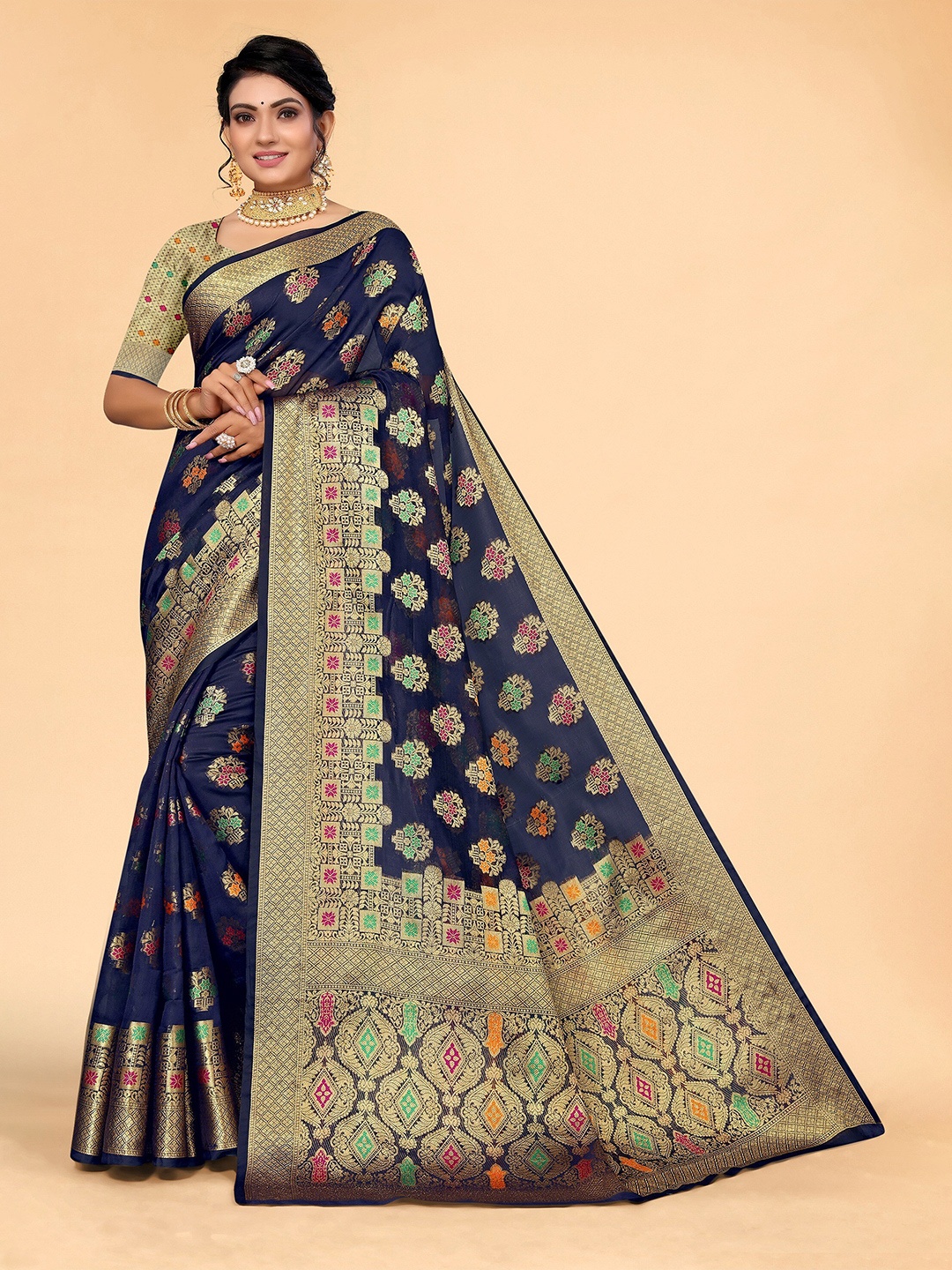 

all about you Navy Blue & Gold-Toned Ethnic Motifs Zari Organza Saree