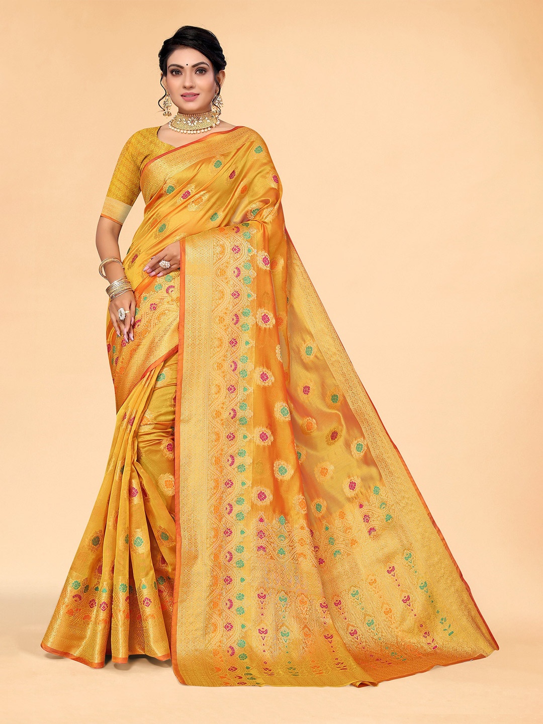 

all about you Mustard & Gold-Toned Woven Design Zari Organza Saree