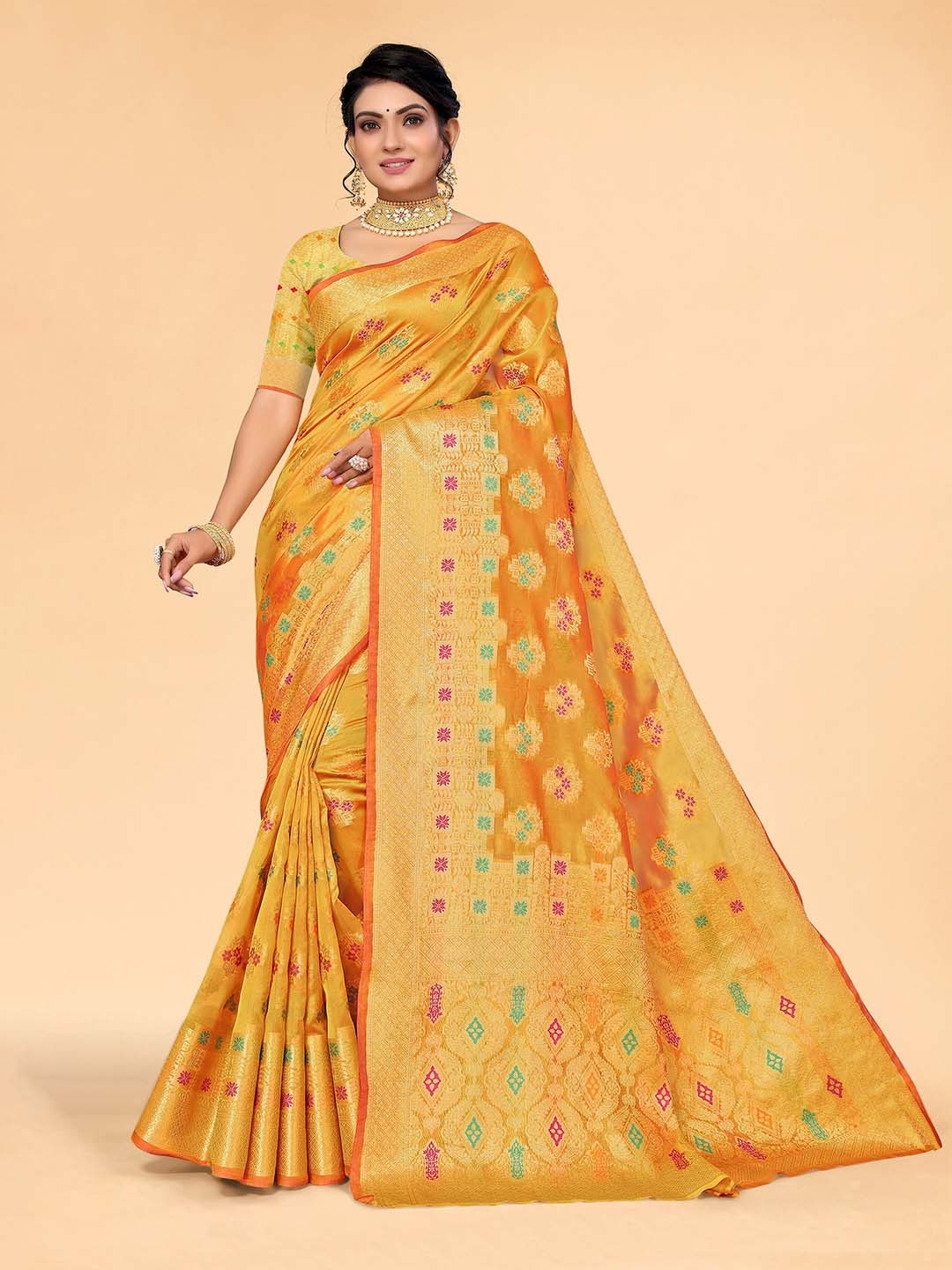 

all about you Yellow & Green Woven Design Zari Organza Saree