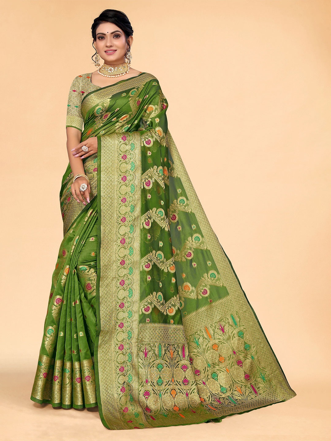 

all about you Green & Gold-Toned Woven Design Zari Organza Saree