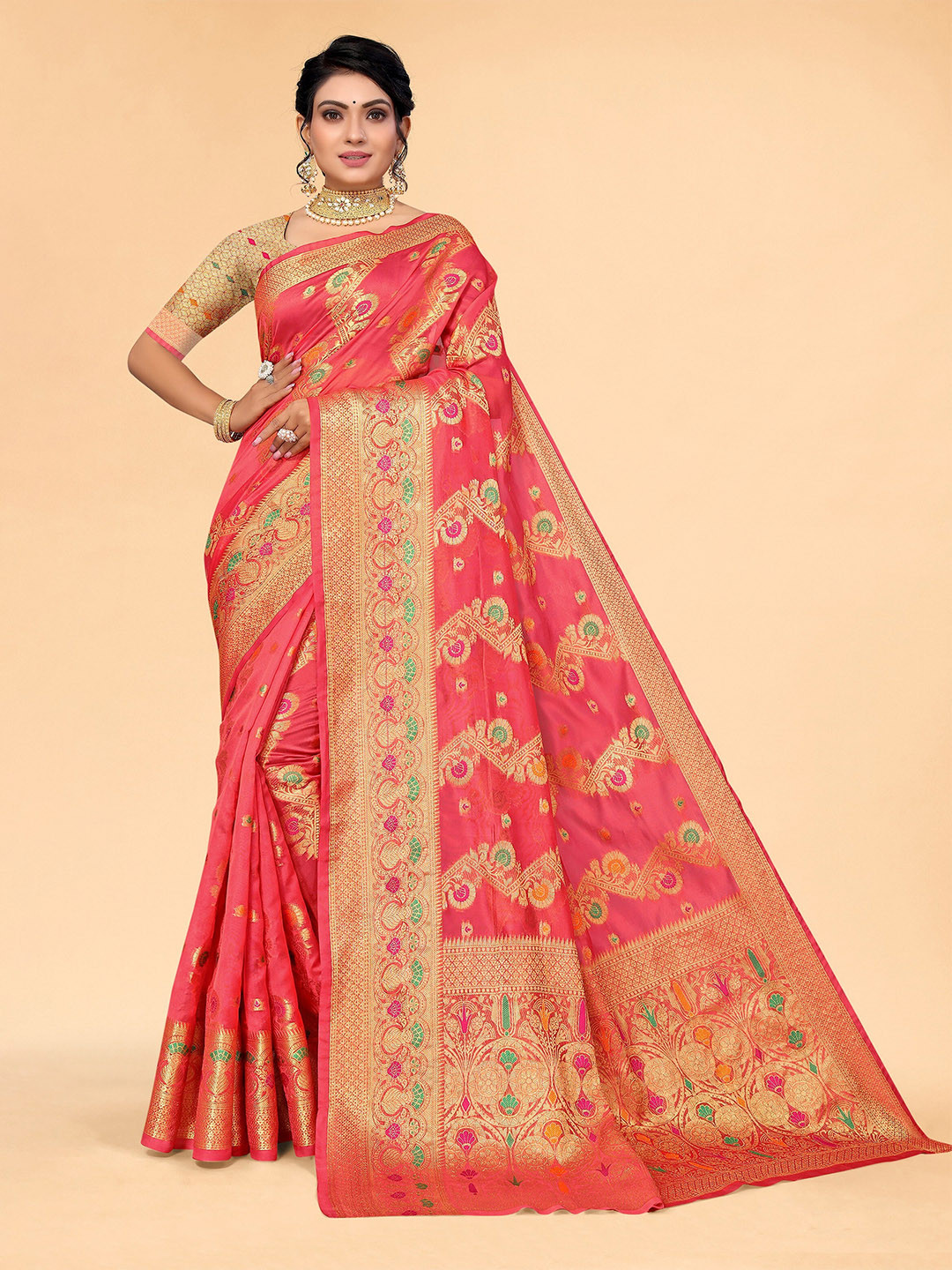 

all about you Pink & Gold-Toned Floral Organza Saree