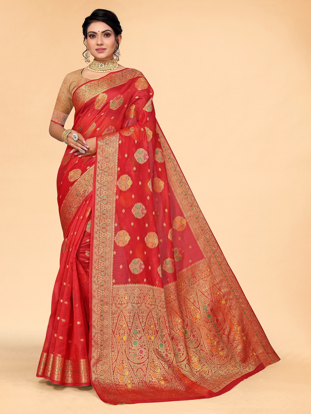 

all about you Red & Green Floral Organza Saree